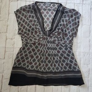 Ann Taylor Silk Geometric V-Neck Top